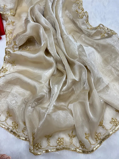 Party Wear Sarees Online | Golden Beige Saree with Red Blouse