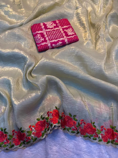 Crunchy Silk Saree with Rose Embroidered Border | Buy Online
