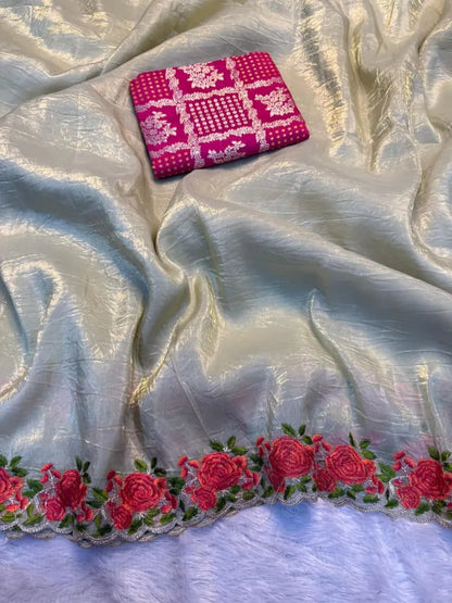 Crunchy Silk Saree with Rose Embroidered Border | Buy Online