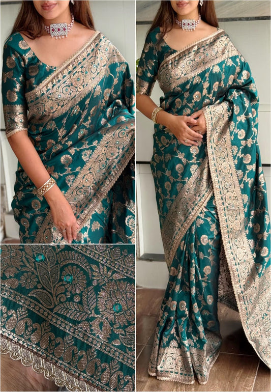 Green Banarasi silk saree with zari embroidery and stone embellishments