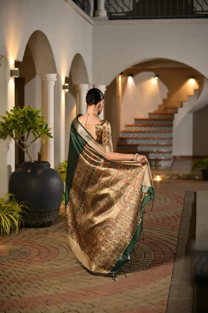 Majestic Emerald Green Tussar Silk Saree with Golden Zari Border - Luxury Bridal Collection