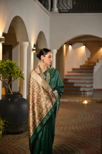 Majestic Emerald Green Tussar Silk Saree with Golden Zari Border - Luxury Bridal Collection