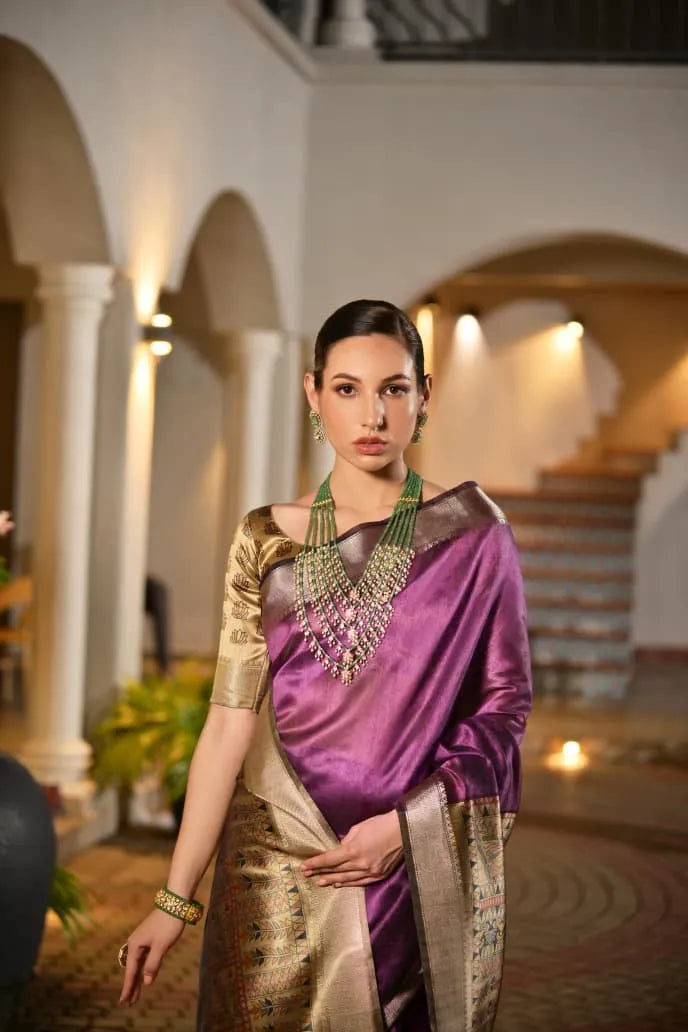 Purple tussar silk saree with golden border and ornate pallu displayed on model in traditional architectural setting with white pillars and arches