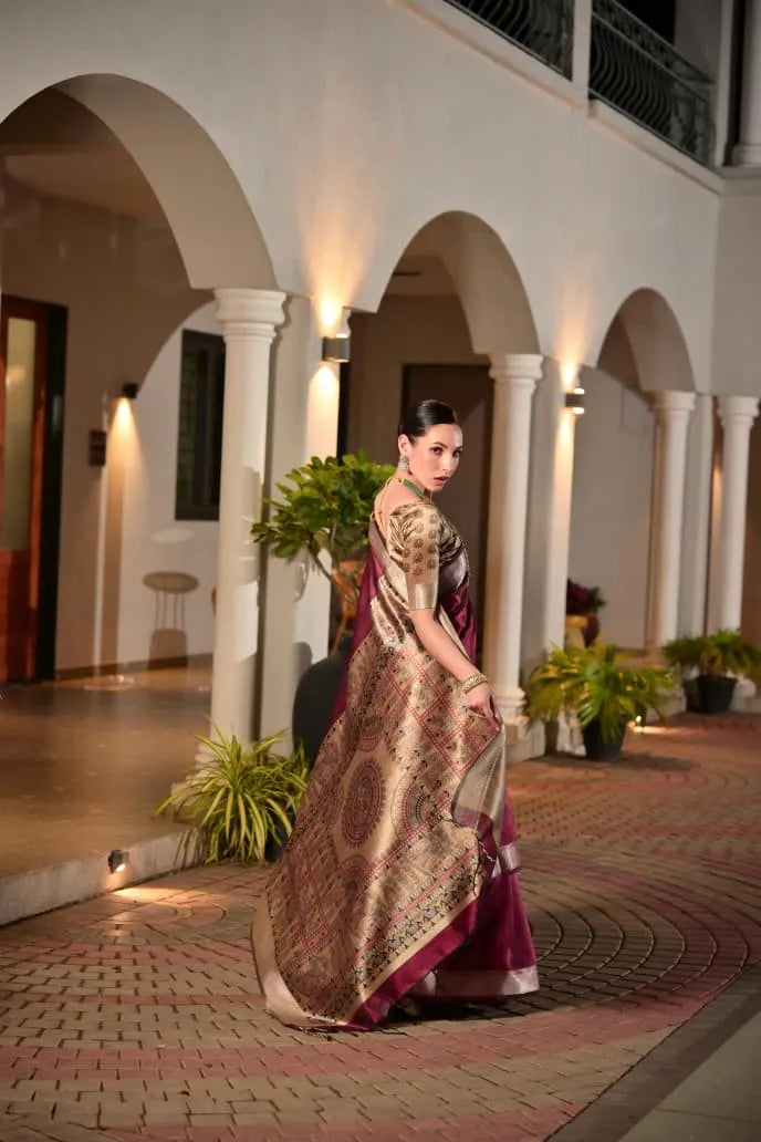Regal Maroon Tussar Silk Saree with Golden Brocade Pallu  Premium Wedding Collection