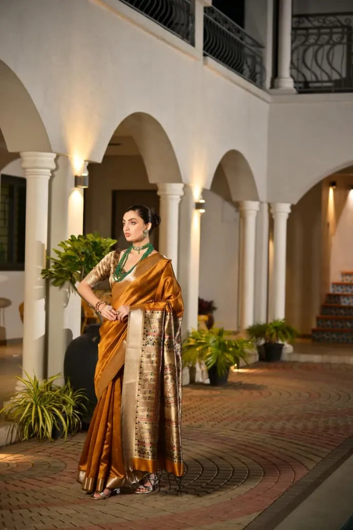 Stunning Mustard Gold Tussar Silk Saree with Ornate Brocade Pallu - Festive Bridal Wear
