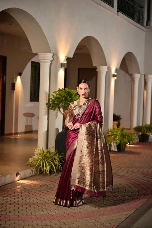 Regal Maroon Tussar Silk Saree with Golden Brocade Pallu  Premium Wedding Collection
