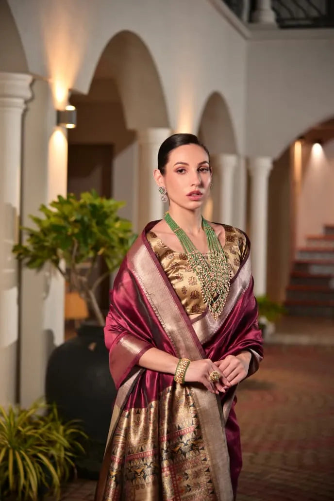Regal Maroon Tussar Silk Saree with Golden Brocade Pallu  Premium Wedding Collection