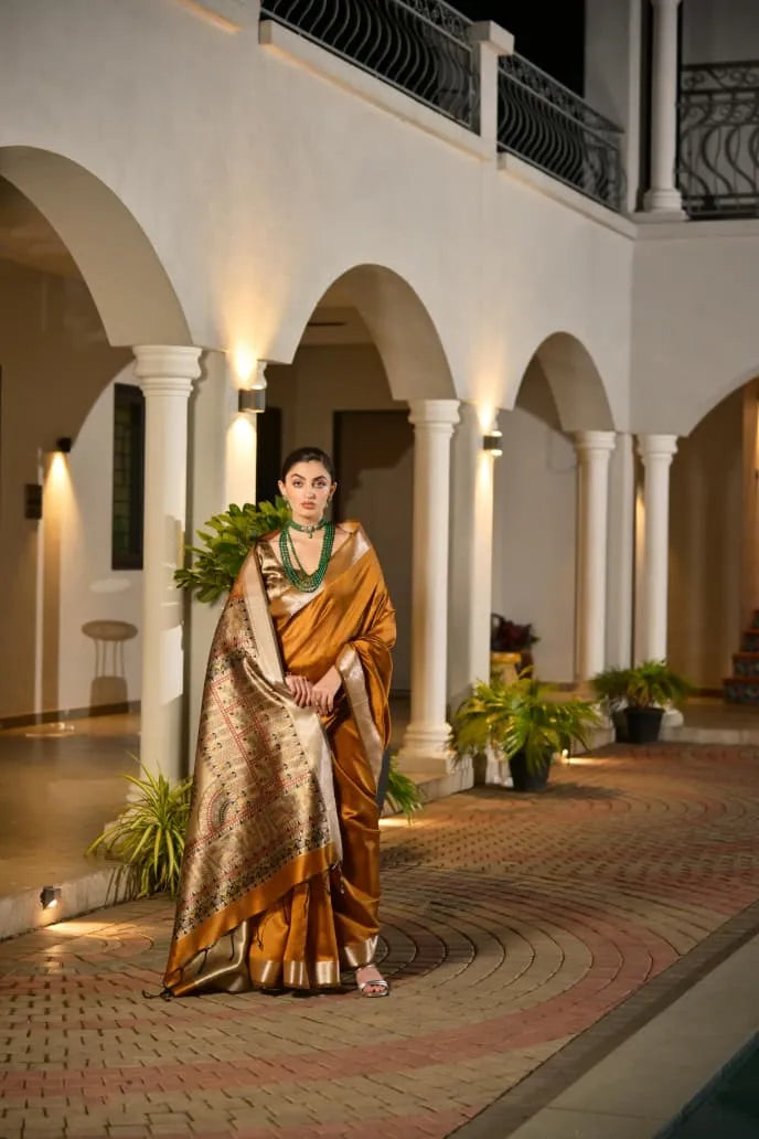 Stunning Mustard Gold Tussar Silk Saree with Ornate Brocade Pallu - Festive Bridal Wear