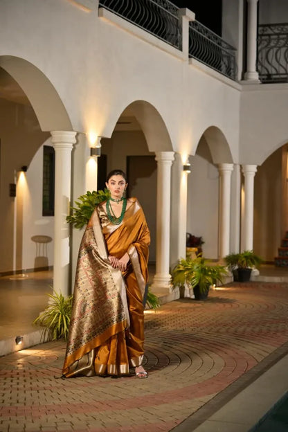 Stunning Mustard Gold Tussar Silk Saree with Ornate Brocade Pallu - Festive Bridal Wear