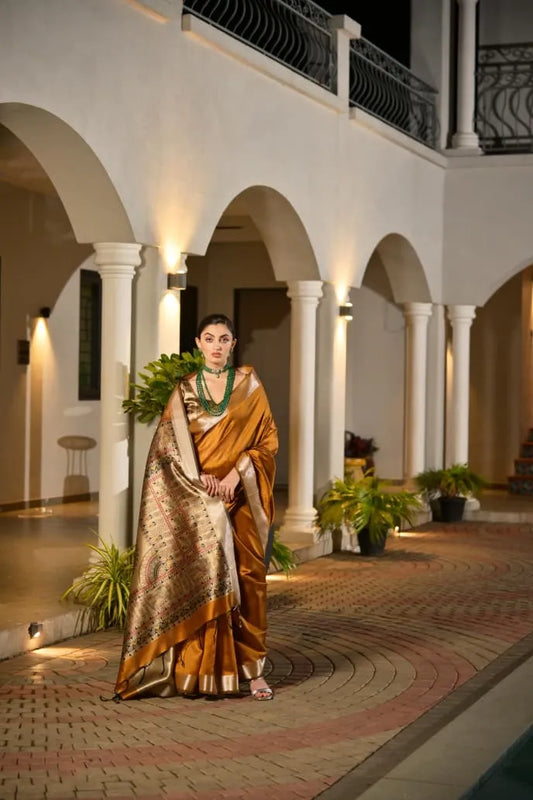 Stunning Mustard Gold Tussar Silk Saree with Ornate Brocade Pallu - Festive Bridal Wear