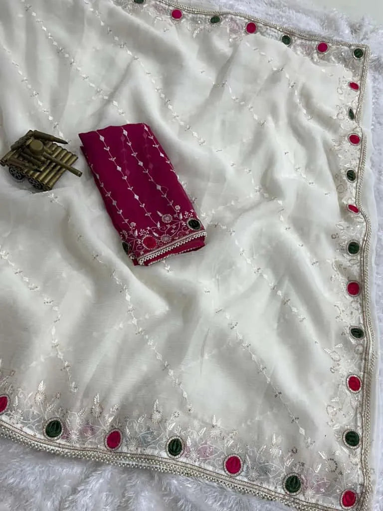 Elegant White Crush Saree with Designer Blouse | Party Wear