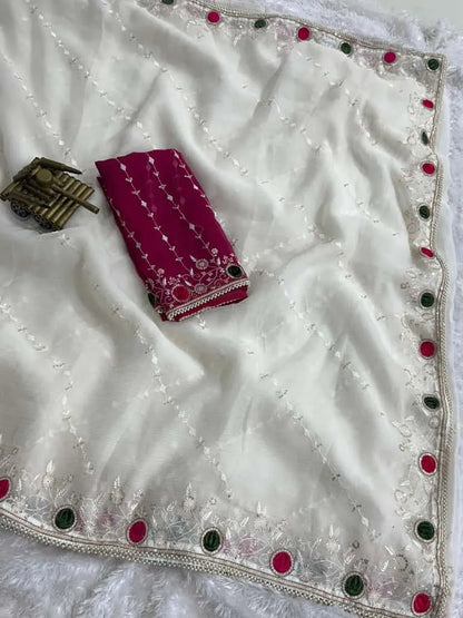 Elegant White Crush Saree with Designer Blouse | Party Wear