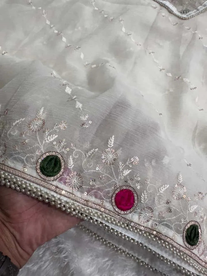 Elegant White Crush Saree with Designer Blouse | Party Wear