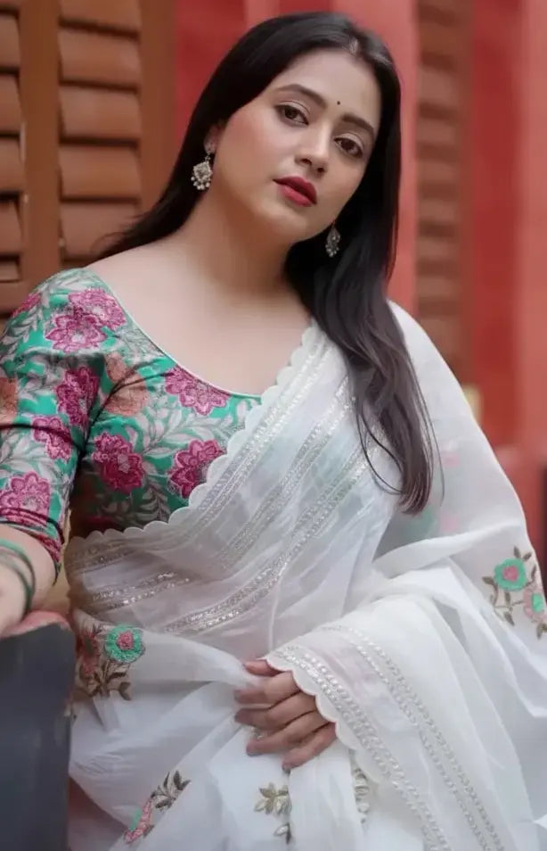 Premium Crush ORGANZA SAREE WITH KALAMKARI PRINT BLOUSE