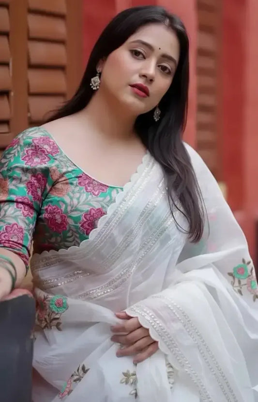 Premium Crush ORGANZA SAREE WITH KALAMKARI PRINT BLOUSE