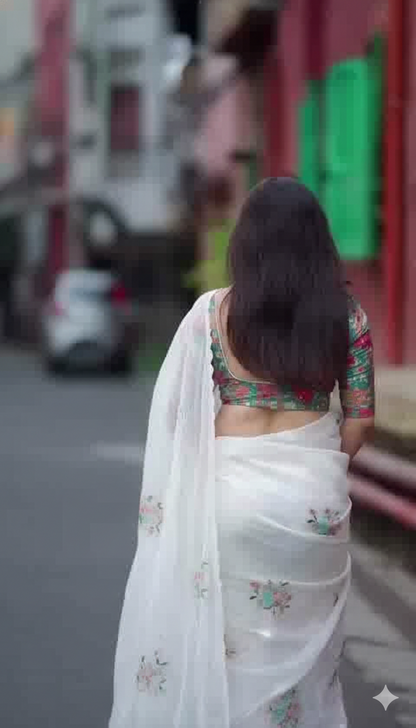 Premium Crush ORGANZA SAREE WITH KALAMKARI PRINT BLOUSE