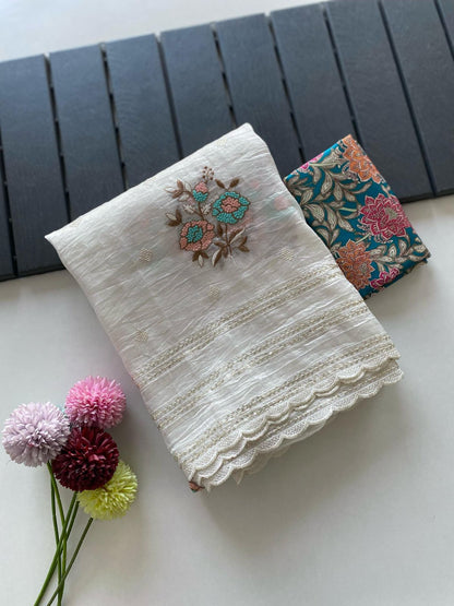 Premium Crush ORGANZA SAREE WITH KALAMKARI PRINT BLOUSE