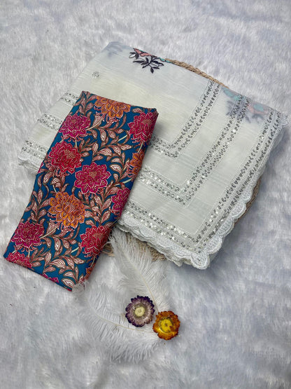 Premium Crush ORGANZA SAREE WITH KALAMKARI PRINT BLOUSE
