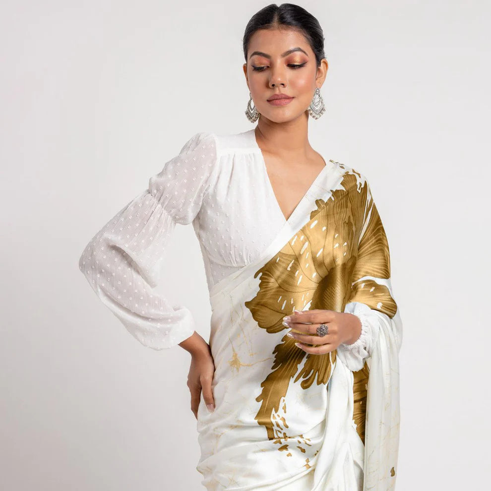 Yellow Floral Digital Printed Japan Satin Saree