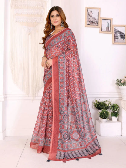 Elegant Red woven cotton silk saree with blouse piece Digital Leaf Print