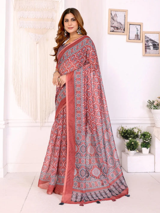 Elegant Red woven cotton silk saree with blouse piece Digital Leaf Print