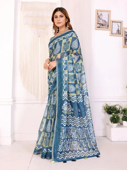 Blue Woven Cotton Saree with Digital Leaf Print