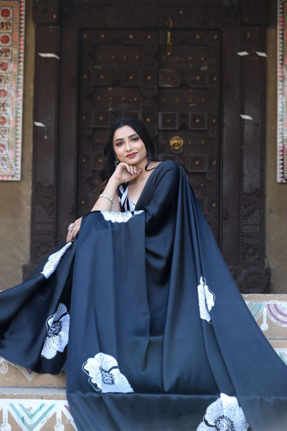 Digital Print Japan Satin Saree with Matching Blouse
