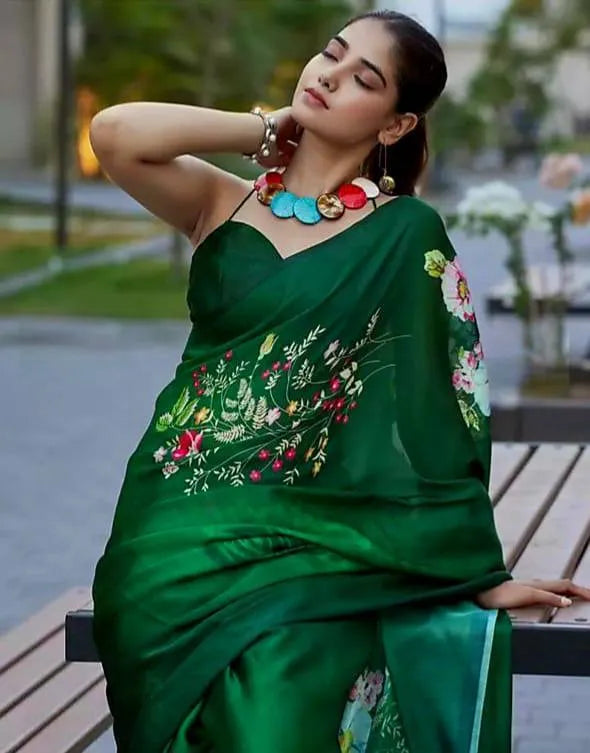 New Designer Original Japan Satin Green Saree With Digital Print