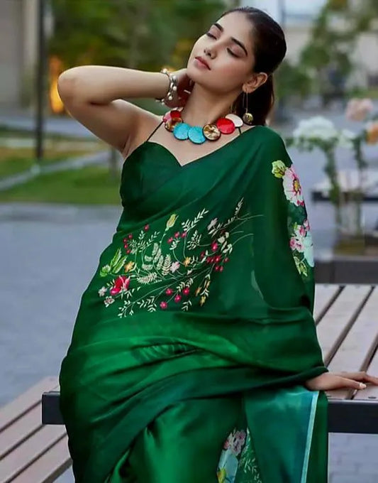 New Designer Original Japan Satin Green Saree With Digital Print