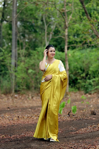 Buy Japan Satin Saree Yellow With white Flower Print