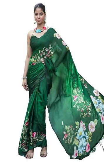 New Designer Original Japan Satin Green Saree With Digital Print
