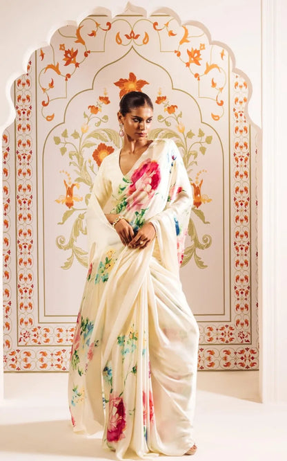 White Floral Printed Satin Crepe Saree