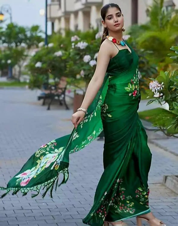 New Designer Original Japan Satin Green Saree With Digital Print
