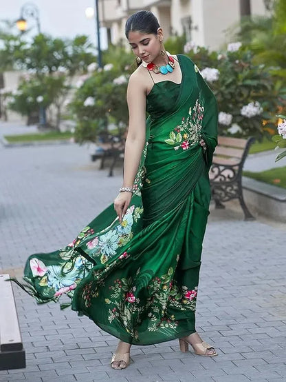 New Designer Original Japan Satin Green Saree With Digital Print