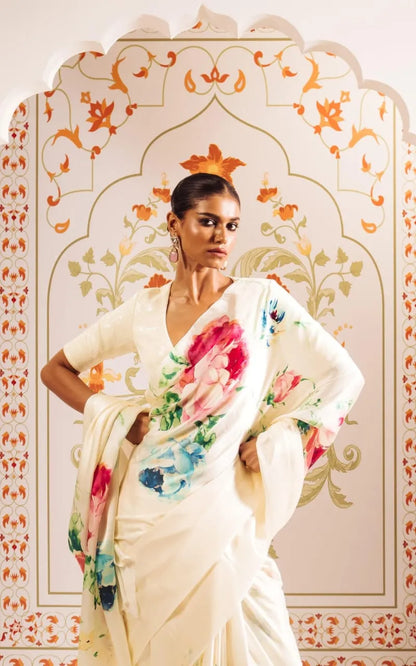 White Floral Printed Satin Crepe Saree