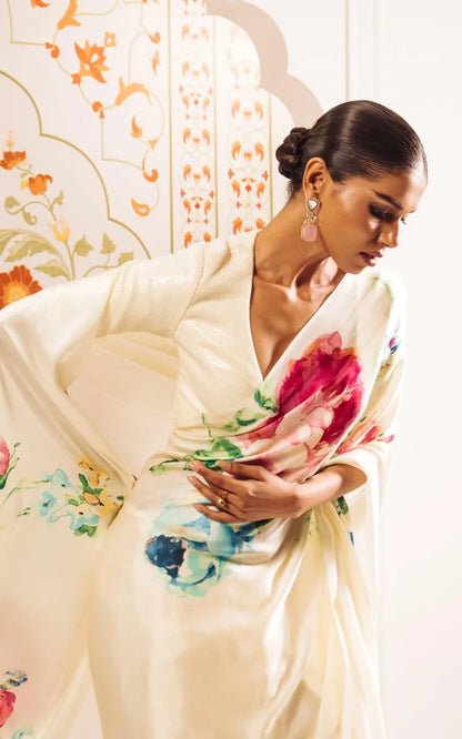 White Floral Printed Satin Crepe Saree