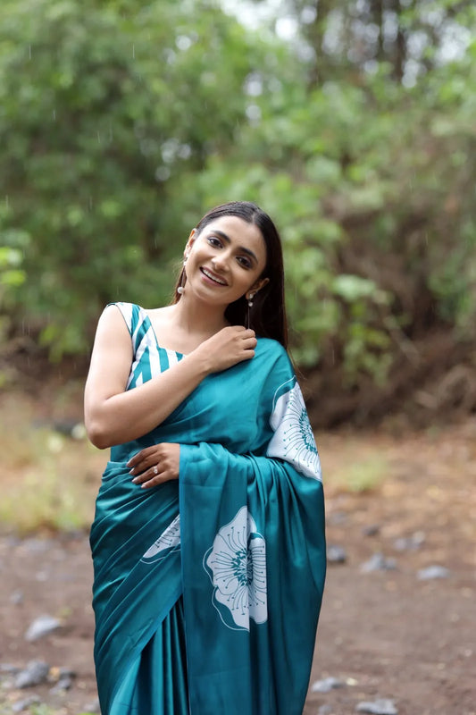 Buy Japan Satin Saree teal green and white floral saree