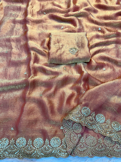 Beautiful woman wearing a stylish siffon saree with soft, flowy fabric and elegant design, perfect for festive and party occasions.