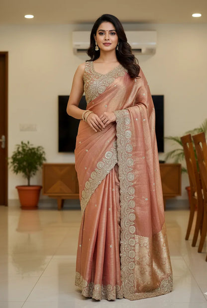 Beautiful woman wearing a stylish siffon saree with soft, flowy fabric and elegant design, perfect for festive and party occasions.