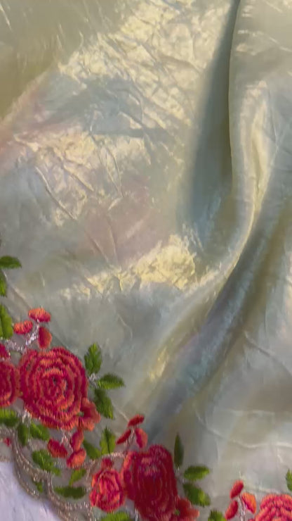 Crunchy Silk Saree with Rose Embroidered Border | Buy Online