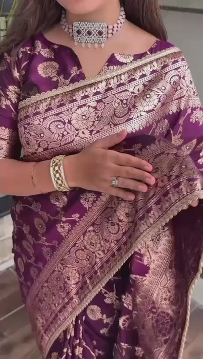 Royal Maroon Banarasi Silk Saree with Golden Zari Work