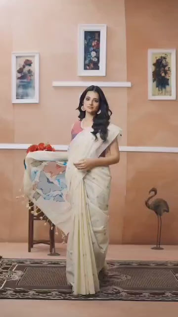 Pure Mul Cotton Saree with Hand Crafted Butterfly
